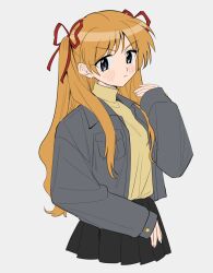 Rule 34 | 1girl, benbe, black skirt, blue eyes, blush, closed mouth, grey jacket, hair ribbon, hand up, highres, jacket, kanon, long hair, long sleeves, orange hair, pleated skirt, red ribbon, ribbon, sawatari makoto, simple background, skirt, solo, sweater, sweater tucked in, turtleneck, turtleneck sweater, two side up, upper body, white background, yellow sweater