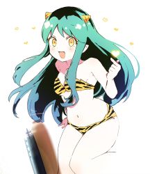 Rule 34 | 1girl, :d, animal print, art tools in frame, bare arms, bare shoulders, bikini, blue hair, blush, breasts, cleavage, collarbone, feet out of frame, finger heart, hand up, highres, horns, long hair, looking at viewer, lum, navel, open mouth, photo (medium), pointy ears, print bikini, signature, simple background, small breasts, smile, sofra, solo, swimsuit, tiger print, traditional media, twitter username, urusei yatsura, very long hair, white background, yellow bikini, yellow eyes