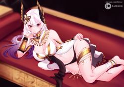 Rule 34 | 1girl, absurdres, anklet, ataririri, bangle, bare shoulders, barefoot, black panties, bracelet, breasts, center opening, cleavage, closed mouth, collar, dress, egyptian clothes, eye hair ornament, gradient hair, hair ornament, head rest, head wings, highres, indie virtual youtuber, jewelry, large breasts, long hair, looking at viewer, lying, mizuz, multicolored hair, nail polish, navel, no bra, on side, panties, red eyes, revealing clothes, solo, stomach, strapless, strapless dress, thighlet, thighs, underwear, usekh collar, virtual youtuber, white dress, white hair, wings