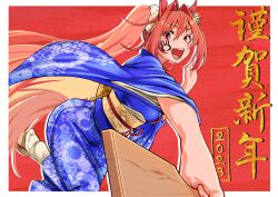 Rule 34 | 1girl, 2023, absurdres, ahoge, animal ears, blue kimono, breasts, brown hair, daiwa scarlet (umamusume), floral print, hagoita, hair intakes, happy new year, highres, holding, holding paddle, horse ears, horse girl, horse tail, japanese clothes, kimono, long hair, long sleeves, looking at viewer, medium breasts, new year, obi, okobo, open mouth, outstretched arm, paddle, red background, red eyes, sandals, sash, slit pupils, smile, solo, tabi, tail, teeth, tongue, twintails, umamusume, utsuke (u tuk e), very long hair, wide sleeves