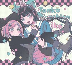 Rule 34 | 2girls, black hair, black headwear, black jacket, black pantyhose, blush, bow, bowtie, breasts, carrying, chabashira tenko, character name, danganronpa (series), danganronpa v3: killing harmony, gem hair ornament, hair ornament, hair ribbon, hairband, hairclip, hat, highres, jacket, long hair, long sleeves, medium breasts, mole, mole under mouth, multiple girls, open mouth, pantyhose, pisapipi, pleated skirt, princess carry, red eyes, red hair, ribbon, sailor collar, school uniform, shirt, shoes, short hair, skirt, smile, twintails, white bow, white bowtie, white sailor collar, witch hat, yumeno himiko
