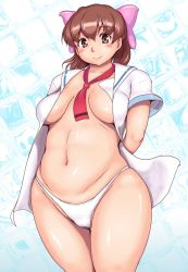 Rule 34 | 1girl, aoi minamo, belly, blush, bow, breasts, brown eyes, brown hair, highres, large breasts, long hair, looking at viewer, navel, necktie, open clothes, orizen, panties, plump, real drive, sagging breasts, school uniform, serafuku, smile, solo, underwear, wide hips