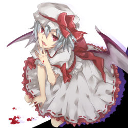 Rule 34 | 1girl, bat wings, blood, blue hair, fang, female focus, finger to mouth, hat, hat ribbon, iebon-gogo8, kneeling, looking at viewer, mob cap, open mouth, puffy short sleeves, puffy sleeves, red eyes, remilia scarlet, ribbon, sash, shadow, short hair, short sleeves, simple background, skirt, skirt set, solo, touhou, white background, wings