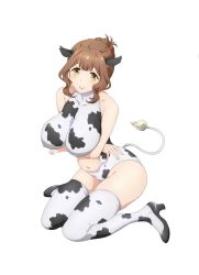 Rule 34 | 1girl, animal ears, animal print, artist request, belly, blush, boots, breasts, brown eyes, brown hair, clothing cutout, cow ears, cow print, covered erect nipples, highres, kazami torino, large breasts, looking at viewer, navel, navel cutout, plump, simple background, solo, source request, tail, thigh boots, thighhighs, valkyrie drive, valkyrie drive -mermaid-, white background