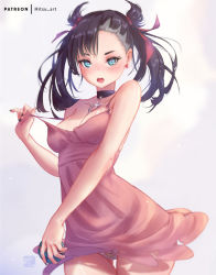 Rule 34 | 1girl, bad id, bad pixiv id, bare shoulders, black hair, blue eyes, blush, breasts, choker, cleavage, clothes pull, commentary request, creatures (company), dress, dress pull, game freak, gluteal fold, long hair, looking at viewer, marnie (pokemon), medium breasts, mitsu (mitsu art), nintendo, off shoulder, open mouth, panties, panty peek, pink dress, poke ball, pokemon, pokemon swsh, pulled by self, short dress, simple background, solo, sundress, thigh gap, twintails, underwear, white background, white panties, wind, wind lift