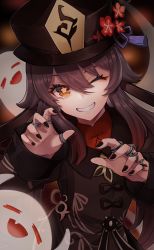 Rule 34 | 1girl, absurdres, black coat, black hat, blush, breasts, brown hair, coat, flower, genshin impact, ghost, grin, hat, hat flower, highres, hu tao (genshin impact), jewelry, kubomi 943, long hair, long sleeves, looking at viewer, one eye closed, plum blossoms, red eyes, ring, small breasts, smile, solo, symbol-shaped pupils, twintails, very long hair