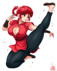 Rule 34 | 1girl, absurdres, black pants, braid, braided ponytail, breasts, chinese clothes, flying kick, genderswap, genderswap (mtf), grey eyes, highres, jacket, jmg, kicking, large breasts, long hair, pants, ranma-chan, ranma 1/2, red hair, red jacket, saotome ranma, short sleeves, simple background, single braid, solo, tangzhuang, thick thighs, thighs, white background