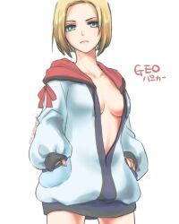 Rule 34 | 1girl, blonde hair, blue eyes, breasts, center opening, closed mouth, collarbone, final fantasy, final fantasy xi, geomancer (final fantasy), hood, hoodie, looking at viewer, medium breasts, saku ff11, short hair, simple background, sleeves past wrists, solo, white background