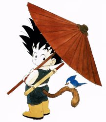 Rule 34 | 1boy, :o, animal, bird, bird on tail, black eyes, black hair, boots, commentary, curious, dougi, dragon ball, dragon ball (classic), from behind, full body, highres, holding, holding umbrella, looking back, male focus, monkey tail, nape, ruyi jingu bang, official art, oil-paper umbrella, pale skin, simple background, solo, son goku, spiked hair, surprised, tail, toriyama akira, umbrella, white background, wide-eyed, wristband, yellow footwear