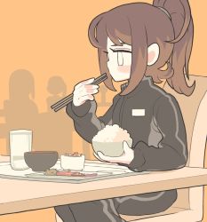 Rule 34 | 1girl, black track suit, bowl, brown hair, chair, chopsticks, eating, feet out of frame, food, gashi-gashi, jacket, long hair, long sleeves, original, ponytail, rice, sitting, solo, table, track jacket, track suit, white eyes