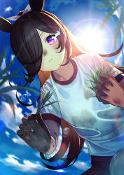 Rule 34 | 1girl, animal ears, blouse, blurry, blurry foreground, brown hair, closed mouth, cloud, day, dirt, dirty, dirty clothes, dirty face, flaming eye, from below, hair over one eye, horse ears, lens flare, lips, long hair, outdoors, purple eyes, red shorts, rice shower (umamusume), shirt, short sleeves, shorts, solo, sun, sweatdrop, umamusume, unowen, white shirt