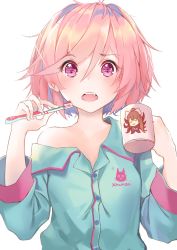 Rule 34 | 1girl, :o, artist name, blue pajamas, cameo, commentary, cup, doki doki literature club, english commentary, eyes visible through hair, fang, hair between eyes, hands up, highres, holding, holding cup, holding toothbrush, looking at viewer, monika (doki doki literature club), natsuki (doki doki literature club), off shoulder, pajamas, pink eyes, pink hair, pun, short hair, simple background, solo, toothbrush, upper body, uwu, white background, xhunzei