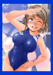 Rule 34 | 1girl, blue eyes, blue one-piece swimsuit, blush, collarbone, competition swimsuit, covered erect nipples, covered navel, cowboy shot, grey hair, hand on own hip, highres, impossible clothes, impossible swimsuit, looking at viewer, love live!, love live! sunshine!!, multiple views, nanashi noiji, one-piece swimsuit, one eye closed, open mouth, salute, short hair, smile, standing, swimsuit, watanabe you, wavy hair, zoom layer