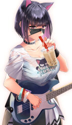 Rule 34 | 1girl, animal ears, bass guitar, black choker, black hair, black mask, blue archive, bra visible through clothes, bracelet, breasts, bubble tea, cat ears, choker, cleavage, collarbone, colored inner hair, cup, disposable cup, drinking, extra ears, highres, instrument, jewelry, kawai (purplrpouni), kazusa (band) (blue archive), kazusa (blue archive), logo, looking at viewer, mask, mask lift, medium breasts, mouth mask, multicolored hair, official alternate costume, pink hair, pleated skirt, print shirt, shirt, short hair, short sleeves, simple background, skirt, solo, sweat, sweaty clothes, two-tone hair, white background, white shirt, white skirt, wristband