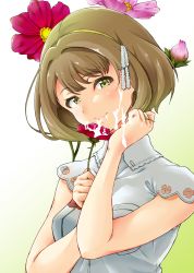 Rule 34 | 1girl, ao (time-leap), blush, breasts, brown hair, flower, gradient background, green eyes, hairband, holding, holding hair, looking at viewer, sexually suggestive, short hair, small breasts, smile, solo, suggestive fluid, tokyo 7th sisters, wanibuchi emoko