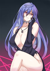 Rule 34 | 1girl, bare shoulders, black dress, breasts, bridal gauntlets, choker, collarbone, crossed legs, dress, eyes visible through hair, gradient background, hair between eyes, hand on own cheek, hand on own face, highres, hip vent, iris heart, jewelry, kami jigen game neptune v, large breasts, long hair, looking at viewer, necklace, neptune (series), power symbol, power symbol-shaped pupils, purple hair, red eyes, solo, symbol-shaped pupils, thighs, zatsu