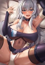 Rule 34 | 1girl, absurdres, animal ears, arm up, armpits, azur lane, bare shoulders, black thighhighs, blue eyes, blue sleeves, blush, boots, breasts, cleavage, collarbone, detached sleeves, fox ears, fox girl, fox tail, grey hair, highres, large breasts, leotard, long hair, long sleeves, looking at viewer, lying, on back, onedoo, open mouth, pillow, purple footwear, shinano (azur lane), shinano (moonlit chrome) (azur lane), solo, spread legs, tail, thigh boots, thighhighs, thighhighs under boots, thighs, very long hair, white hair