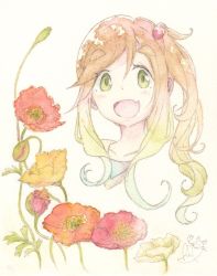 Rule 34 | 1girl, blush, brown hair, check commentary, commentary request, fang, flower, gradient hair, green eyes, hair ornament, inuyama aoi, ishigoromo, multicolored hair, open mouth, painting (medium), poppy (flower), portrait, side ponytail, signature, skin fang, smile, solo, thick eyebrows, traditional media, watercolor (medium), yurucamp