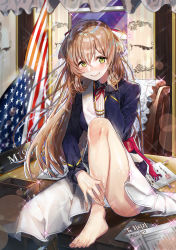 Rule 34 | 1girl, american flag, bad id, bad pixiv id, barefoot, blush, boots, brown hair, character name, dress, feet, flag, girls&#039; frontline, gloves, unworn gloves, green eyes, hair between eyes, hand in own hair, hand up, highres, indoors, jacket, k2h, leaning forward, leg up, lips, long hair, looking at viewer, military, military uniform, nail polish, open clothes, open jacket, shoes, unworn shoes, sitting, smile, solo, sparkle, springfield (girls&#039; frontline), toes, uniform, white background, white dress