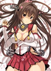 Rule 34 | 10s, 1girl, anchor, blush, breasts, brown eyes, brown hair, cherry blossoms, cleavage, detached sleeves, female focus, flower, hair flower, hair ornament, kantai collection, large breasts, long hair, lying, md5 mismatch, miniskirt, ohta yuichi, petals, pleated skirt, ponytail, resized, resolution mismatch, skirt, solo, source larger, very long hair, yamato (kancolle)