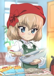 Rule 34 | 1girl, apron, arm garter, bandana, blonde hair, blue eyes, blurry, blurry background, book, bowl, casual, closed mouth, collared shirt, commentary, depth of field, flour, food, food on face, frown, girls und panzer, green apron, holding, holding bowl, holding whisk, indoors, kanau, katyusha (girls und panzer), long sleeves, looking at viewer, mixing, mixing bowl, paw print, shirt, short hair, solo, whisk, white shirt