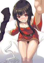 Rule 34 | 1girl, arm support, bandages, bare shoulders, belt, belt buckle, black hair, blunt bangs, blurry, blurry foreground, blush, breasts, brown belt, buckle, collarbone, commentary, dress, foreshortening, from above, furrowed brow, glowing, glowing eyes, grin, jas (kda10457), kono subarashii sekai ni shukufuku wo!, unworn legwear, looking at viewer, looking up, megumin, naughty face, on bed, reaching, reaching towards viewer, red dress, red eyes, short dress, short hair, short hair with long locks, sitting, small breasts, smile, solo