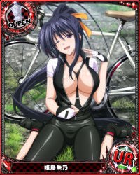 Rule 34 | 10s, 1girl, artist request, bicycle, bike jersey, bike shorts, black hair, breasts, card (medium), character name, chess piece, cleavage, fingerless gloves, gloves, hair ribbon, high school dxd, himejima akeno, large breasts, long hair, official art, one eye closed, ponytail, purple eyes, queen (chess), ribbon, smile, solo, trading card, zipper