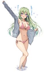 Rule 34 | 1girl, :d, absurdres, alternate costume, amagi (amagi626), arm up, armpits, bare legs, barefoot, bikini, blue eyes, blush, breasts, cleavage, collarbone, contemporary, curvy, frog hair ornament, front-tie bikini top, front-tie top, full body, green hair, grey jacket, hair between eyes, hair ornament, hair tubes, halterneck, happy, highres, jacket, kochiya sanae, large breasts, long hair, long sleeves, looking at viewer, navel, no pants, open clothes, open jacket, open mouth, outstretched arm, pink bikini, side-tie bikini bottom, sidelocks, simple background, skindentation, sleeves past wrists, smile, solo, sparkle, standing, stomach, string bikini, swimsuit, thighs, touhou, translated, underboob, wading, water, white background