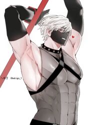 Rule 34 | #compass, 1boy, abs, ambush (trap), armpits, arms up, black gloves, collar, gloves, heart, looking at viewer, male focus, muscular, muscular male, pectorals, red eyes, sharp teeth, smirk, smug, solo, spiked collar, spikes, teeth, thirteen (#compass), twitter username, upper body, white hair, yebiusd