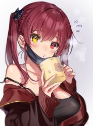 Rule 34 | 1girl, bare shoulders, breasts, cat hair ornament, collarbone, cup, gradient background, grey background, hair ornament, heterochromia, highres, holding, holding cup, hololive, houshou marine, looking at viewer, mask, mouth mask, off shoulder, red eyes, red hair, short hair, shuri (84k), solo, steam, twintails, twitter username, upper body, virtual youtuber, yellow eyes