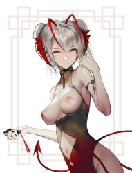 Rule 34 | 1girl, absurdres, arknights, arm strap, bare shoulders, breasts, breasts out, closed mouth, clothing cutout, cowboy shot, demon girl, demon horns, demon tail, double bun, dress, folded fan, folding fan, gradient clothes, gradient dress, grey hair, hair bun, hand fan, highres, holding, holding fan, horns, looking at viewer, medium breasts, multicolored hair, navel, navel cutout, nipples, pelvic curtain, red hair, short hair, sleeveless, sleeveless dress, smile, solo, tail, tassel, two-tone background, two-tone hair, veilrain, w (arknights), white background, yellow eyes
