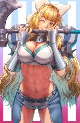 Rule 34 | 1girl, abs, absurdres, aduti momoyama, axe, blonde hair, bow, breasts, chaps, charlotte (fire emblem), cleavage, commentary, cowboy shot, crop top, fire emblem, fire emblem fates, green eyes, hair bow, hands up, highres, holding, holding axe, holding weapon, large breasts, long hair, looking at viewer, midriff, navel, nintendo, shirt, short shorts, shorts, smile, solo, standing, stomach, thighs, vambraces, very long hair, weapon, white bow, white shirt