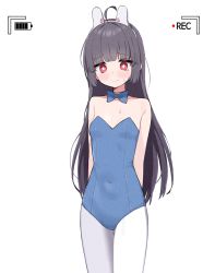 Rule 34 | 1girl, ahoge, animal ears, billbung, black hair, blue archive, blush, bow, bowtie, breasts, crying, crying with eyes open, hair between eyes, leotard, long hair, miyu (blue archive), pantyhose, playboy bunny, rabbit ears, recording, red eyes, small breasts, tears, traditional bowtie, white background, white pantyhose