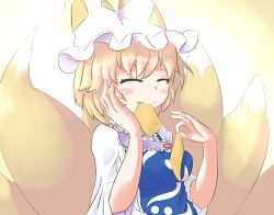 Rule 34 | 1girl, aburaage, animal hat, blonde hair, blush stickers, dress, eating, food, food in mouth, fox tail, gradient background, hand on own cheek, hand on own face, hat, hat with ears, long sleeves, mob cap, multiple tails, nama shirasu, namashirasu, short hair, simple background, smile, solo, tabard, tail, tassel, touhou, wide sleeves, yakumo ran