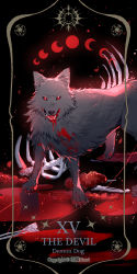 Rule 34 | animal ears, blood, bone, claws, demon, demon dog (lord of the mysteries), dog, dog ears, dog tail, f.l.c., fangs, food, highres, lord of the mysteries, meat, moon phases, no humans, numbered, pentagram, red eyes, ribs, roman numeral, signature, solo, tail, tarot, tarot (medium), the devil (tarot)