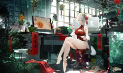 Rule 34 | 1girl, alternate hairstyle, animal ear fluff, animal ears, anklet, aquarium, arknights, bad id, bad pixiv id, banner, bare legs, bare shoulders, barefoot, basket, bell, blush, book, breasts, cat, cat ears, china dress, chinese clothes, chopsticks, cleavage, cleavage cutout, closed mouth, clothing cutout, crossed legs, desk, desk lamp, double bun, dress, food, fruit, full body, fur shawl, globe, green eyes, hair bell, hair bun, hair ornament, hair ribbon, holding, holding chopsticks, holding plate, indoors, jewelry, jingle bell, kal&#039;tsit (arknights), ladder, lamp, large breasts, looking at viewer, monitor, omone hokoma agm, plant, plate, potted plant, red dress, red ribbon, ribbon, shawl, shelf, short hair, silver hair, sitting, sleeveless, sleeveless dress, smile, solo, thighs, translation request, window, wristband, zzz