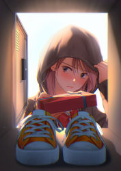 Rule 34 | 1girl, absurdres, blush, bow, box, brown hair, closed mouth, earrings, embarrassed, gift, gift box, grey eyes, highres, hood, hoodie, hoodie tug, huge filesize, jewelry, locker, looking to the side, macaronk, original, pink lips, red bow, shoes, sneakers, valentine