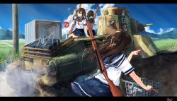Rule 34 | 3girls, bag, bicycle, blue sky, bolt action, brown hair, bus stop, camouflage, cloud, day, field, forest, gun, karo-chan, long hair, military, military vehicle, miniskirt, motor vehicle, mountain, multiple girls, nature, neckerchief, one eye closed, original, outdoors, pleated skirt, pointing, rifle, rural, sailor, sailor collar, school bag, school uniform, serafuku, shed, short hair, skirt, sky, tank, twintails, weapon, weapon on back