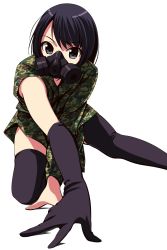 Rule 34 | 1girl, all fours, black gloves, black hair, black thighhighs, camouflage, gas mask, gloves, highres, long sleeves, looking at viewer, mask, matsunaga kouyou, original, short hair, simple background, single glove, solo, swept bangs, thighhighs, white background