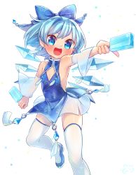 Rule 34 | 1girl, blue bow, blue dress, blue eyes, blue hair, bow, china dress, chinese clothes, cirno, commentary request, crystal, crystal earrings, detached sleeves, dress, dual wielding, earrings, fairy wings, food, hair bow, highres, holding, ibaraki natou, jewelry, looking away, looking to the side, open mouth, popsicle, shoes, short hair, simple background, smile, solo, thighhighs, touhou, white background, white thighhighs, wings