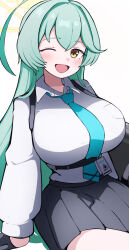 Rule 34 | 1girl, ahoge, black skirt, blue archive, blue necktie, blush, collared shirt, cowboy shot, green hair, hair between eyes, halo, highres, huge ahoge, long hair, long sleeves, looking at viewer, necktie, one eye closed, open mouth, pleated skirt, shirt, simple background, skirt, smile, solo, white background, white shirt, yellow eyes, yellow halo, yume (blue archive), yun (kbdenz9)