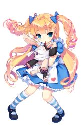 Rule 34 | 1girl, alice (soccer spirits), black footwear, blonde hair, blue bow, blue dress, bow, dress, drill hair, frilled skirt, frills, full body, hair bow, highres, holding, holding stuffed toy, long hair, looking at viewer, official art, shirahane nao, shoes, skirt, soccer spirits, socks, solo, standing, striped clothes, striped socks, stuffed animal, stuffed rabbit, stuffed toy, transparent background, twin drills
