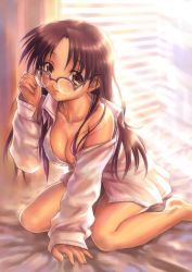 Rule 34 | 1girl, adjusting eyewear, alternate hairstyle, arm support, bed, blush, bottomless, breasts, brown eyes, brown hair, cleavage, collarbone, glasses, goto p, hoshina tomoko, kneeling, large breasts, long hair, naked shirt, off shoulder, open clothes, open shirt, parted lips, shirt, sitting, solo, to heart, to heart (series), wariza