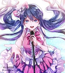 Rule 34 | 1girl, :d, blue eyes, blue hair, bow, danganronpa: trigger happy havoc, danganronpa (series), floating hair, hair bow, hair ornament, hair ribbon, hairclip, holding, holding microphone, idol, layered skirt, long hair, looking at viewer, maizono sayaka, microphone, neck ribbon, official alternate costume, open mouth, outstretched arm, pink bow, pink ribbon, pink shirt, ribbon, shirt, skirt, sleeveless, sleeveless shirt, smile, solo, standing, star (symbol), star hair ornament, twitter username, very long hair, white ribbon, z-epto (chat-noir86)