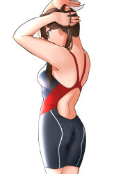 Rule 34 | 1girl, ass, black one-piece swimsuit, breasts, brown eyes, brown hair, commentary request, competition swimsuit, cowboy shot, from behind, hair ribbon, hieda (hiedanoaqn), highres, kantai collection, long hair, one-piece swimsuit, ribbon, small breasts, solo, standing, swimsuit, tone (kancolle), twintails, white background, white ribbon