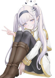 Rule 34 | 1girl, black hairband, black pantyhose, blue archive, blush, boots, brown footwear, closed mouth, cosplay, flower, frieren, frieren (cosplay), gold trim, grey hair, grey halo, hair flower, hair ornament, hairband, halo, highres, himari (blue archive), jacket, knee boots, long hair, long sleeves, looking at viewer, mole, mole under eye, panties, panties under pantyhose, pantyhose, pointy ears, purple eyes, shirt, simple background, skirt, solo, sousou no frieren, striped clothes, striped hairband, twintails, underwear, v, white background, white flower, white jacket, white shirt, white skirt, yatsuka mirin