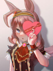 Rule 34 | 1girl, absurdres, ahoge, animal ears, arm at side, ascot, blue eyes, box, brooch, brown dress, brown hair, chromatic aberration, clothing cutout, dress, hairband, hand up, heart-shaped box, highres, holding, holding box, horse ears, jewelry, long hair, looking at viewer, mihono bourbon (code:glassage) (umamusume), mihono bourbon (umamusume), no uwazumi, official alternate costume, open mouth, shadow, shoulder cutout, solo, umamusume, valentine, wrist cuffs