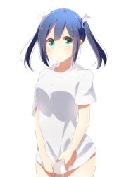 Rule 34 | 10s, 1girl, blue hair, breasts, cowboy shot, female focus, hair ribbon, harusawa, kantai collection, looking at viewer, ribbon, shirt, simple background, solo, souryuu (kancolle), twintails, white background, white shirt