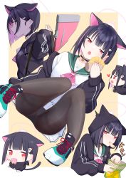 Rule 34 | 1girl, absurdres, animal ears, black choker, black hair, black jacket, black pantyhose, blue archive, cat ears, cat tail, chibi, chibi inset, chips (food), choker, colored inner hair, crotch seam, eating, food, hair ornament, hairclip, halo, highres, holding, holding food, hood, hood up, jacket, kazusa (blue archive), long sleeves, looking at viewer, multicolored hair, multiple views, open mouth, panties, panties under pantyhose, pantyhose, pink hair, potato chips, red eyes, shirt, shoes, short hair, sneakers, tail, two-tone background, underwear, urode, white background, white shirt, yellow background