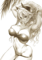 Rule 34 | 1girl, armpits, bandeau, bikini, breasts, cleavage, closed mouth, cowboy shot, hands in hair, hands up, highres, hizuki akira, horns, large breasts, long hair, looking at viewer, monochrome, navel, original, palm leaf, pointy ears, seductive smile, simple background, skindentation, smile, solo, standing, strapless, strapless bikini, swimsuit, wet, white background, yellow theme